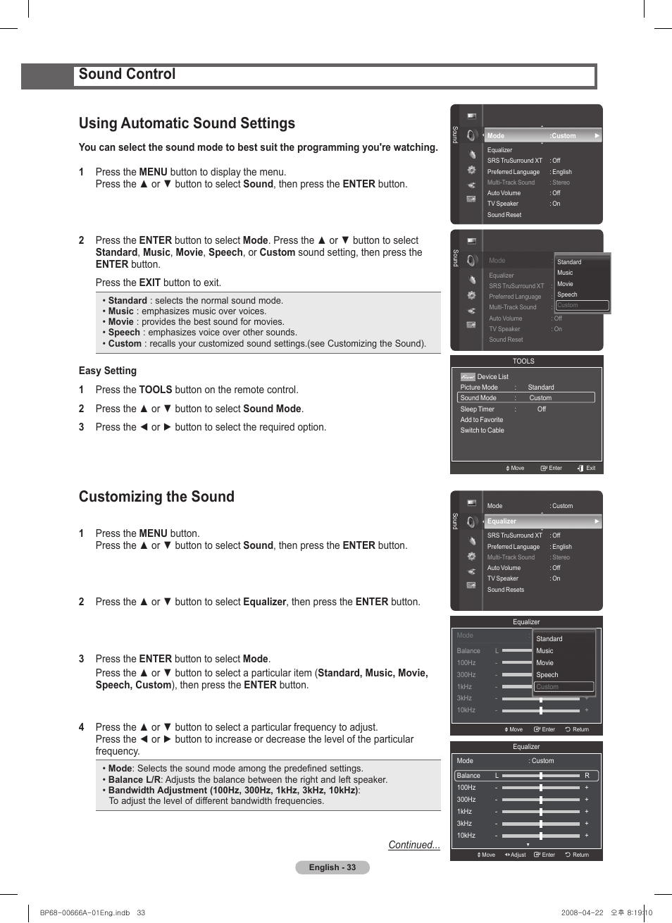Sound control, Using automatic sound settings, Customizing the sound | Continued | Samsung HL67A510J1FXZA User Manual | Page 33 / 157