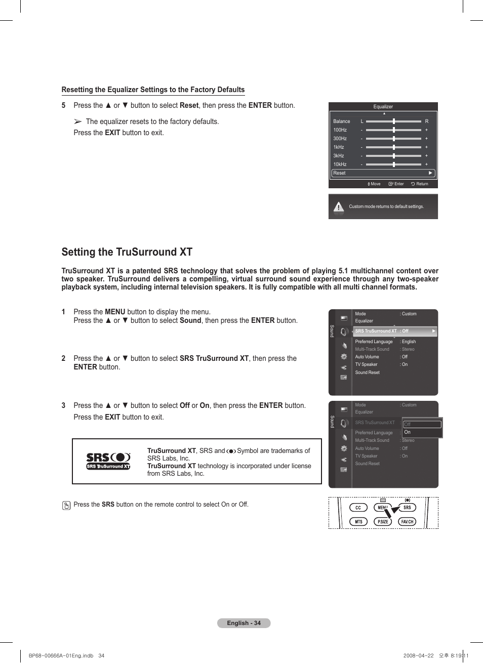 Setting the trusurround xt | Samsung HL67A510J1FXZA User Manual | Page 34 / 157