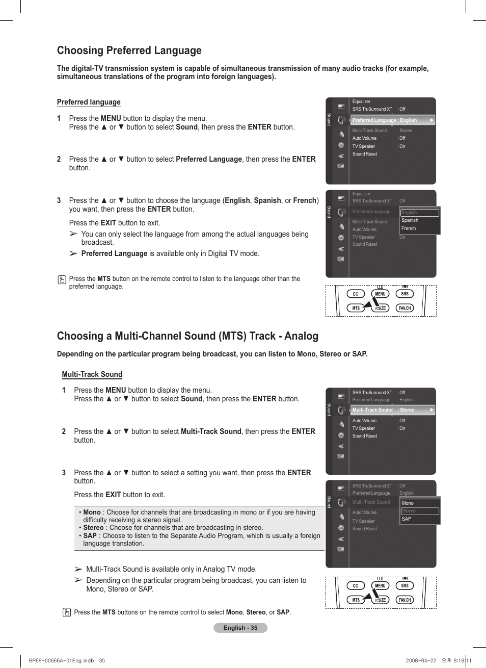 Choosing preferred language | Samsung HL67A510J1FXZA User Manual | Page 35 / 157