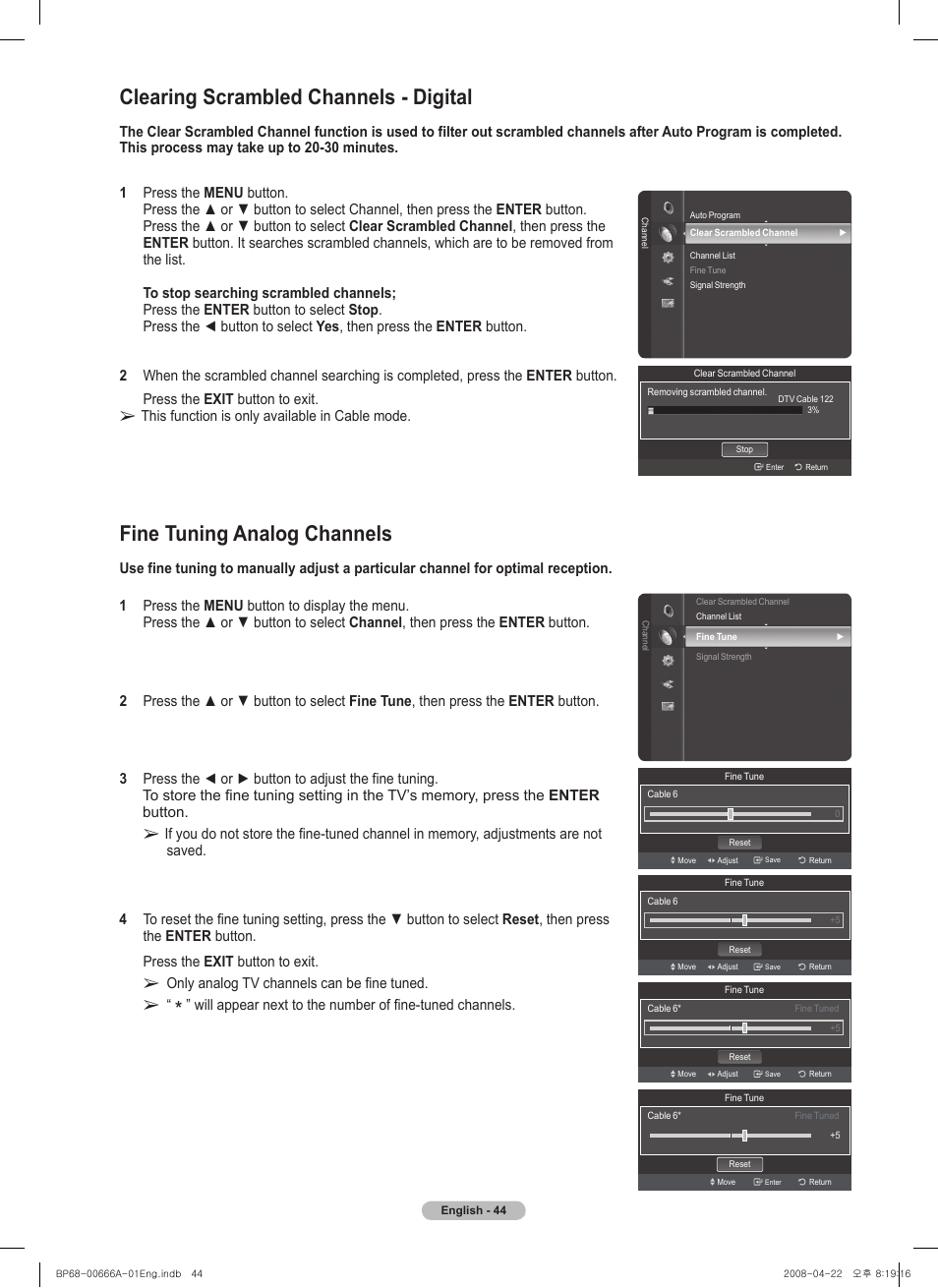 Clearing scrambled channels - digital, Fine tuning analog channels | Samsung HL67A510J1FXZA User Manual | Page 44 / 157