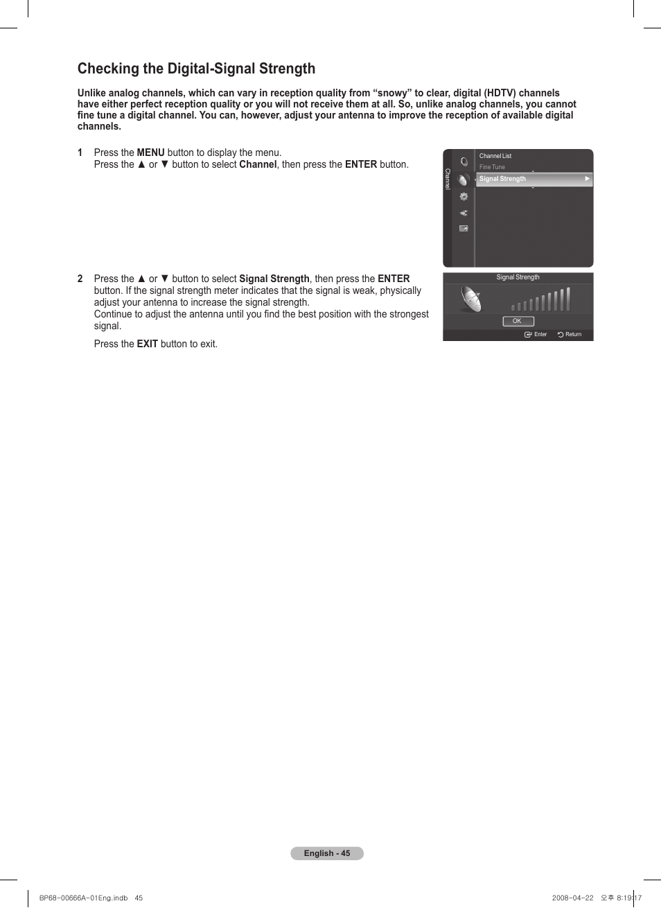 Checking the digital-signal strength | Samsung HL67A510J1FXZA User Manual | Page 45 / 157