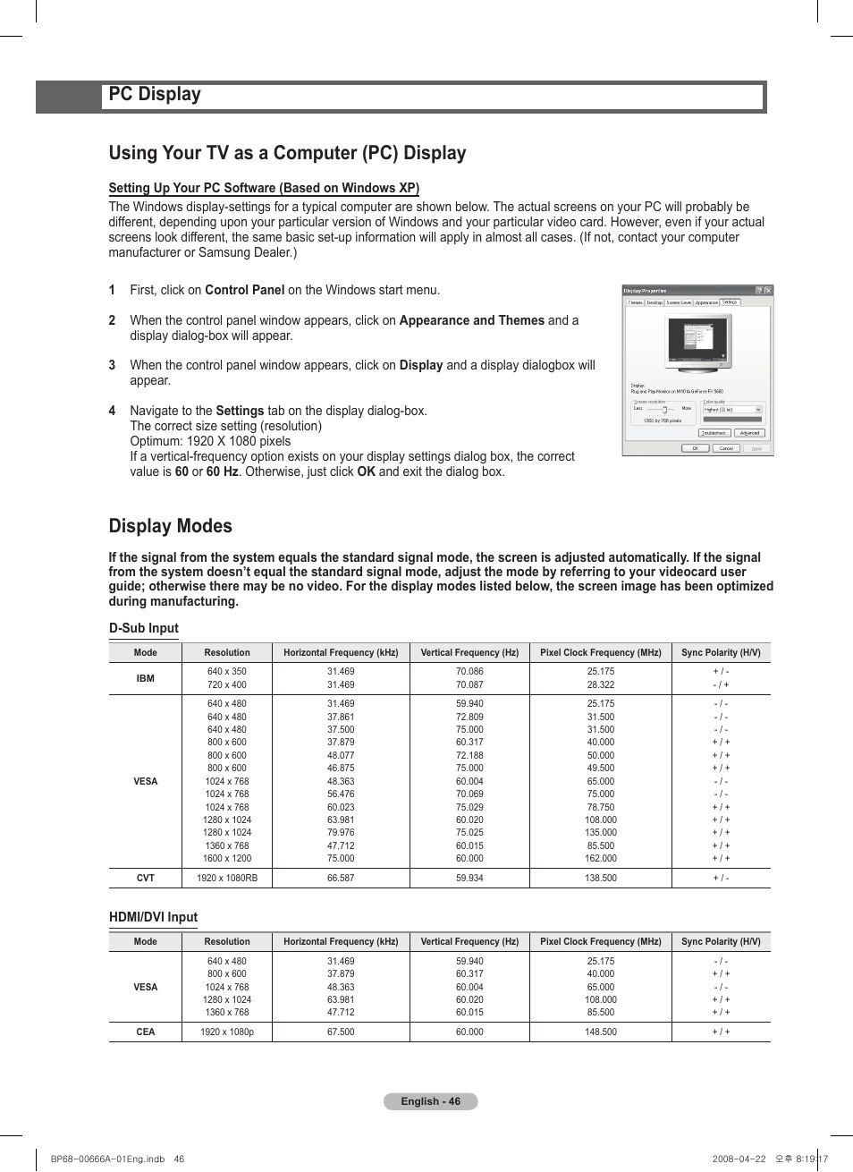 Pc display, Using your tv as a computer (pc) display, Display modes | Samsung HL67A510J1FXZA User Manual | Page 46 / 157