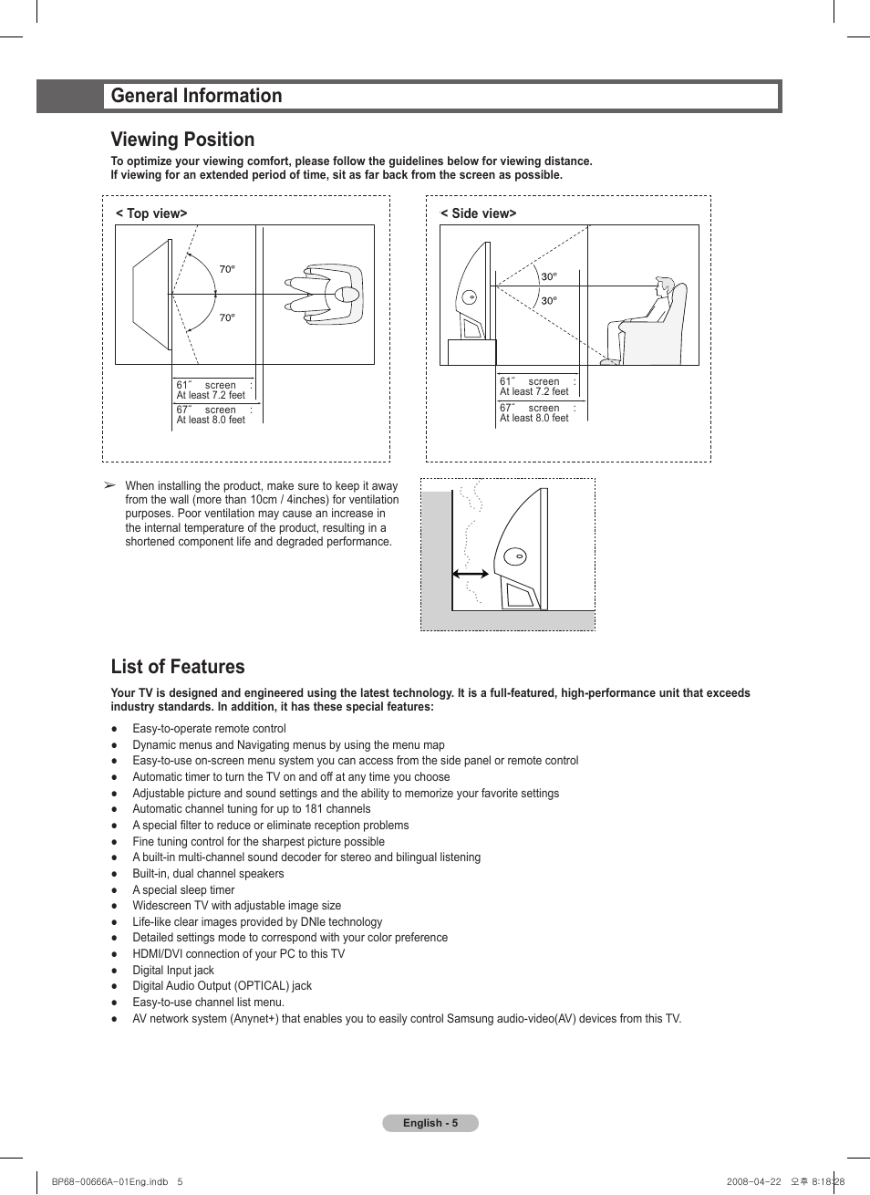 General information, Viewing position, List of features | General information viewing position | Samsung HL67A510J1FXZA User Manual | Page 5 / 157