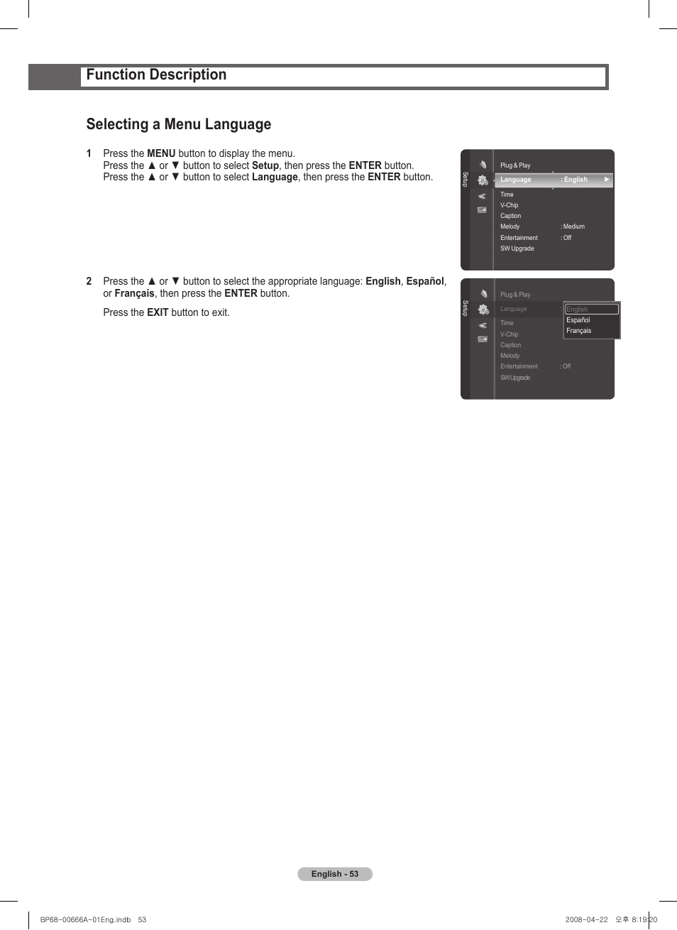 Function description, Selecting a menu language | Samsung HL67A510J1FXZA User Manual | Page 53 / 157