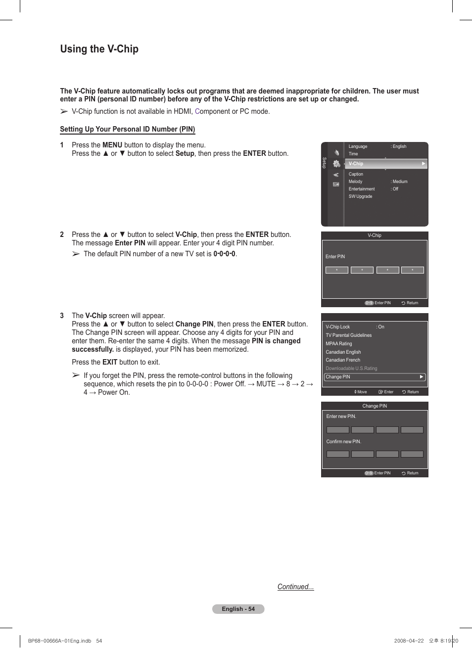 Using the v-chip | Samsung HL67A510J1FXZA User Manual | Page 54 / 157