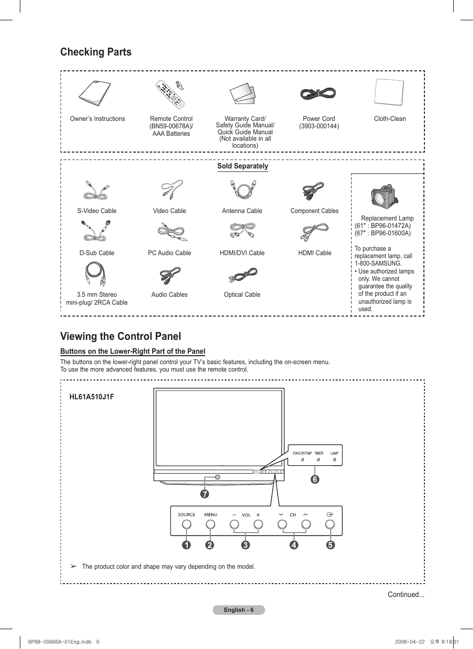 Checking parts, Viewing the control panel | Samsung HL67A510J1FXZA User Manual | Page 6 / 157