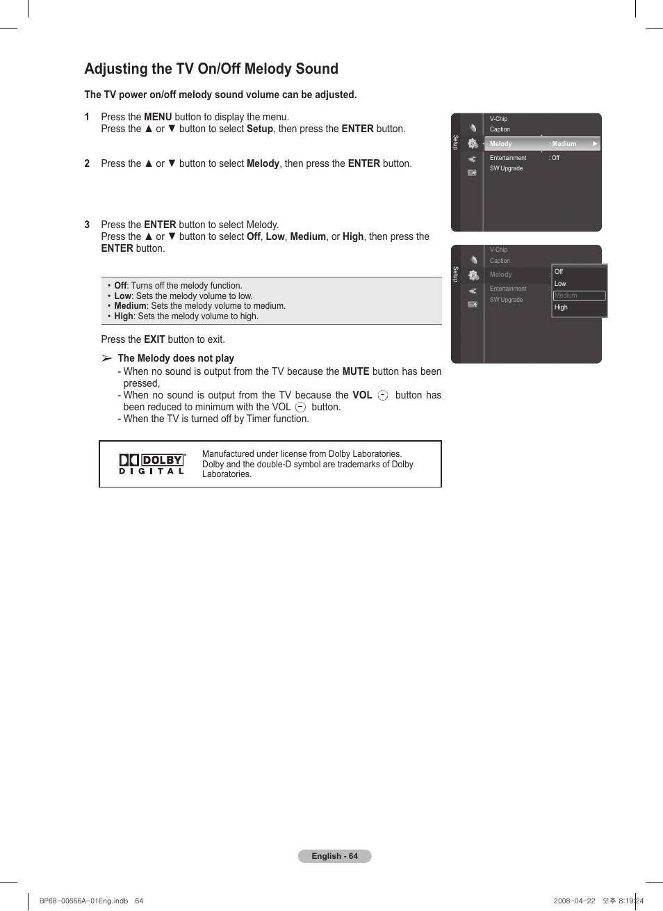 Adjusting the tv on/off melody sound | Samsung HL67A510J1FXZA User Manual | Page 64 / 157