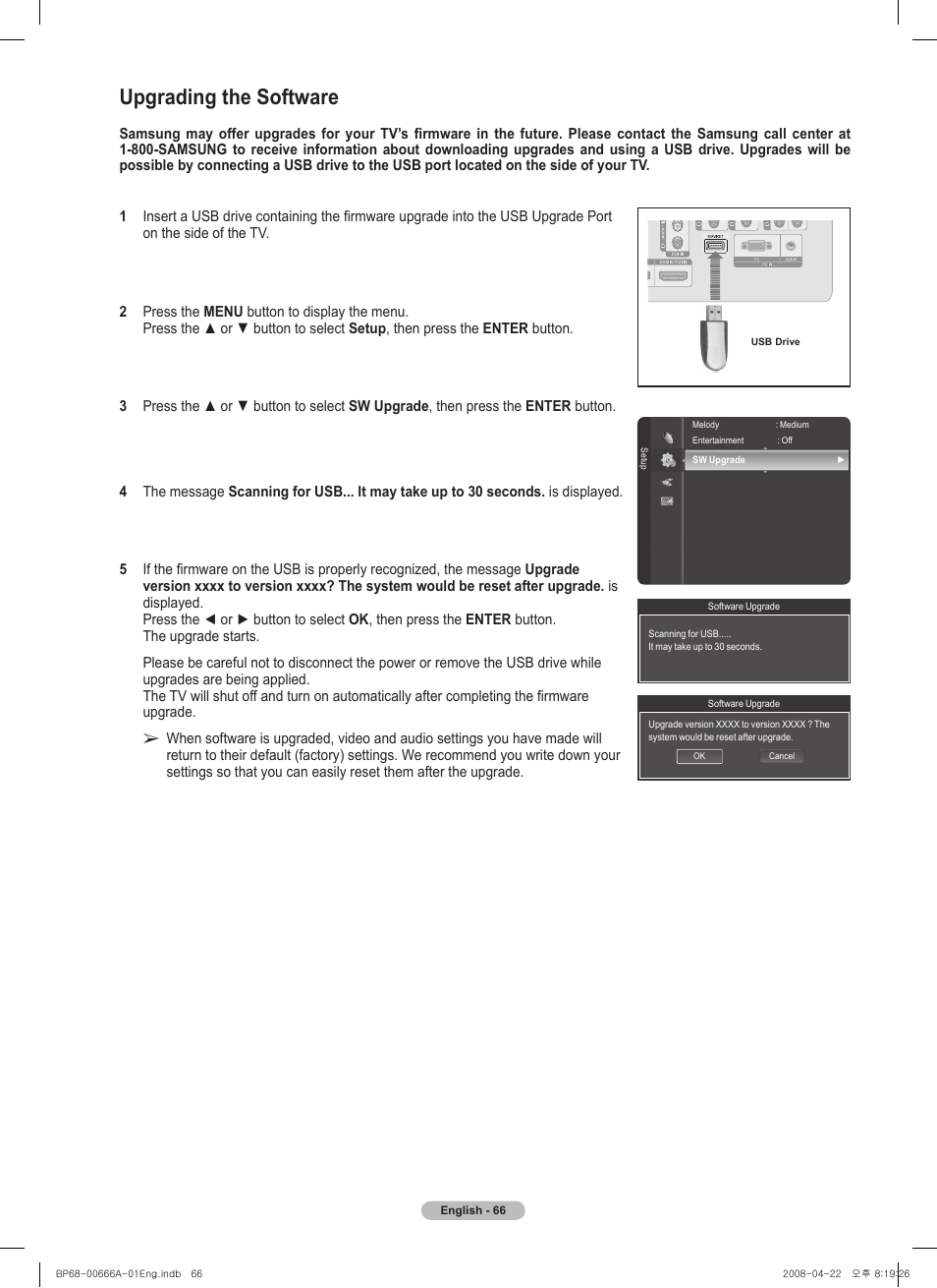 Upgrading the software | Samsung HL67A510J1FXZA User Manual | Page 66 / 157