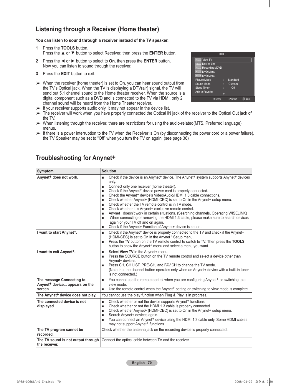 Listening through a receiver (home theater), Troubleshooting for anynet | Samsung HL67A510J1FXZA User Manual | Page 70 / 157