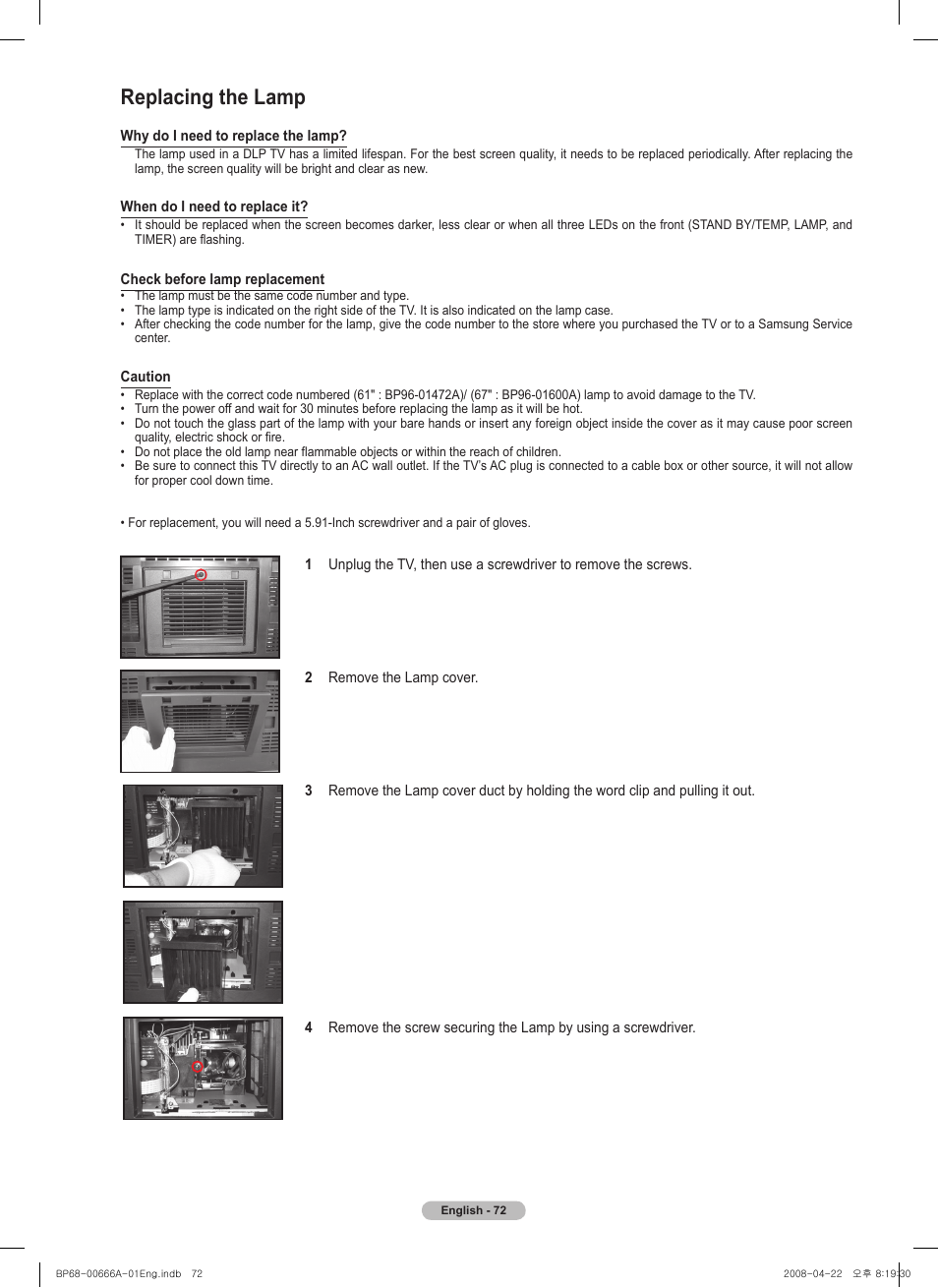 Replacing the lamp | Samsung HL67A510J1FXZA User Manual | Page 72 / 157