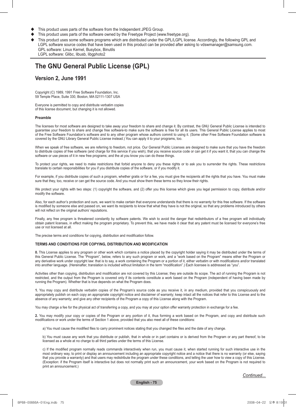 The gnu general public license (gpl), Version , june 11 | Samsung HL67A510J1FXZA User Manual | Page 75 / 157