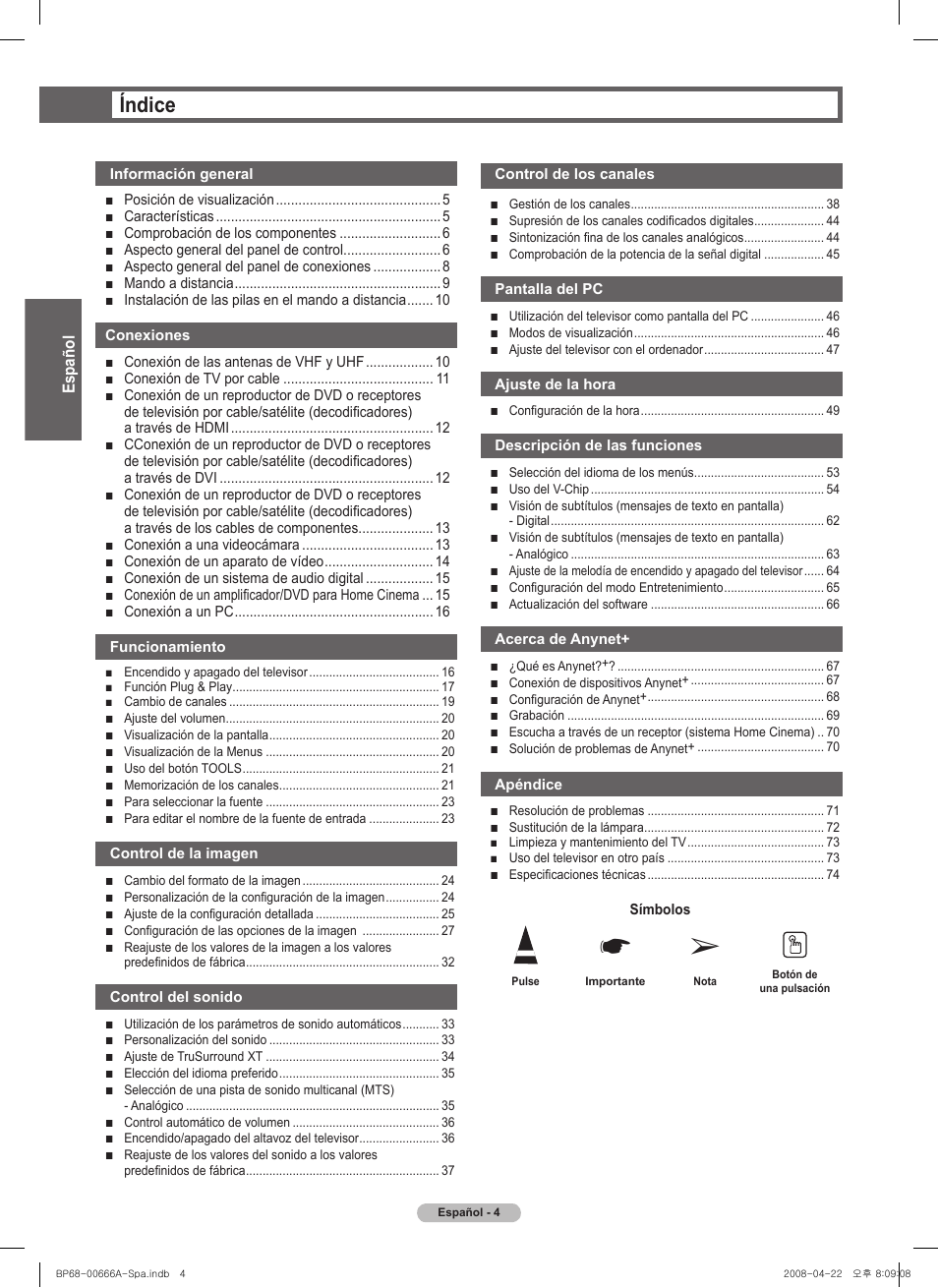 Índice | Samsung HL67A510J1FXZA User Manual | Page 86 / 157