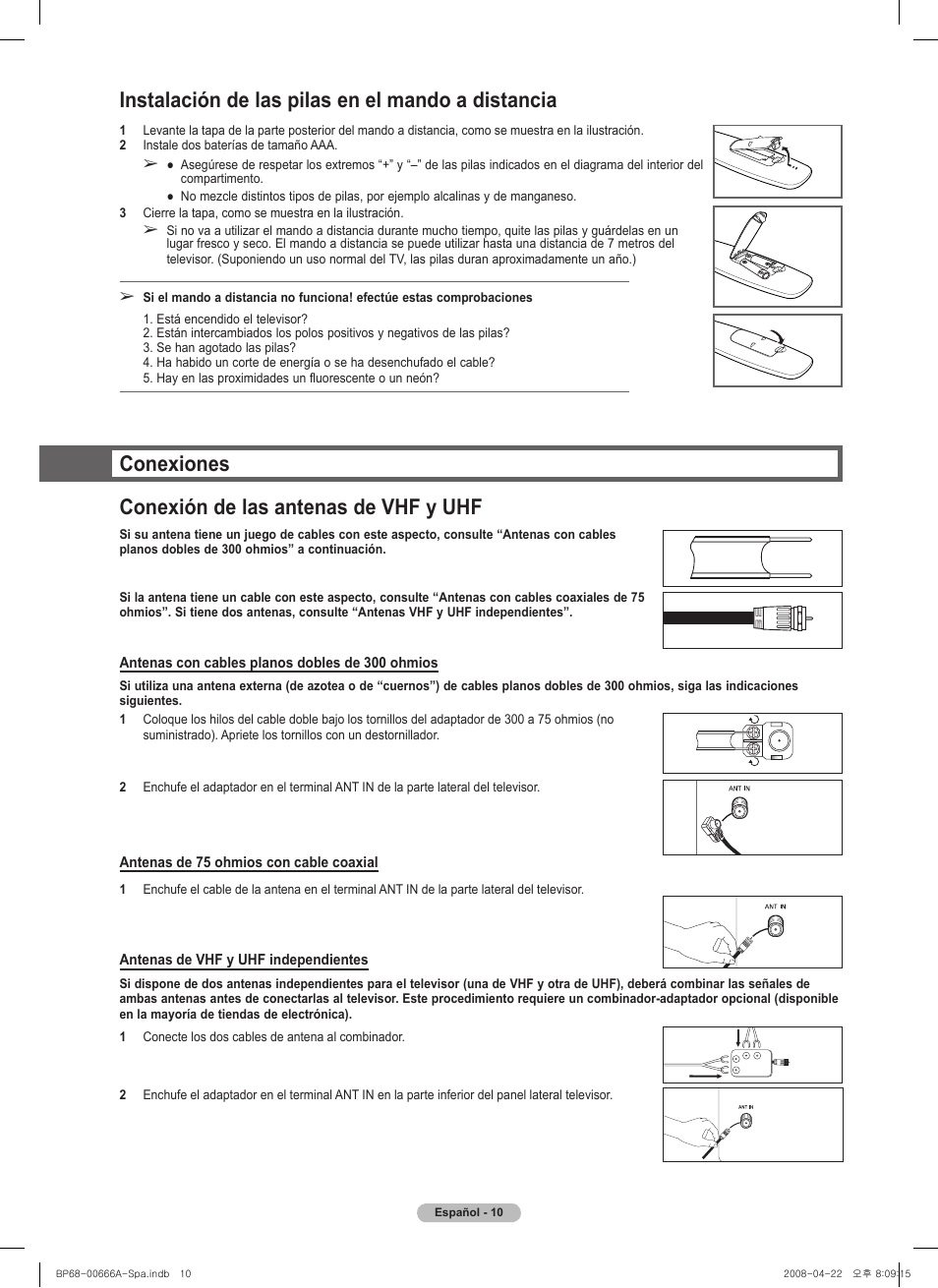 Instalación de las pilas en el mando a distancia, Conexiones conexión de las antenas de vhf y uhf | Samsung HL67A510J1FXZA User Manual | Page 92 / 157