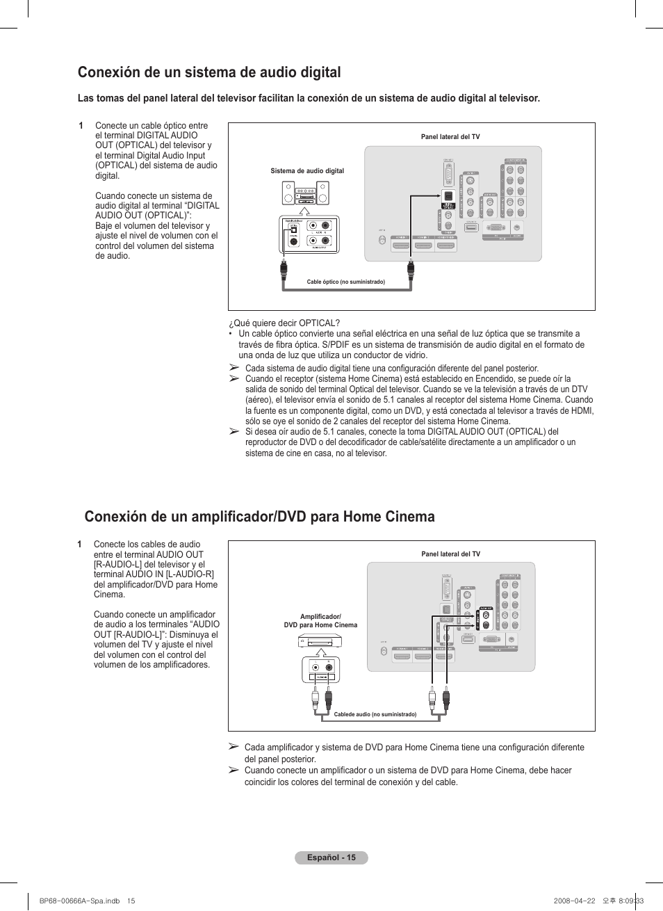 Conexión de un amplificador/dvd para home cinema, Conexión de un sistema de audio digital | Samsung HL67A510J1FXZA User Manual | Page 97 / 157