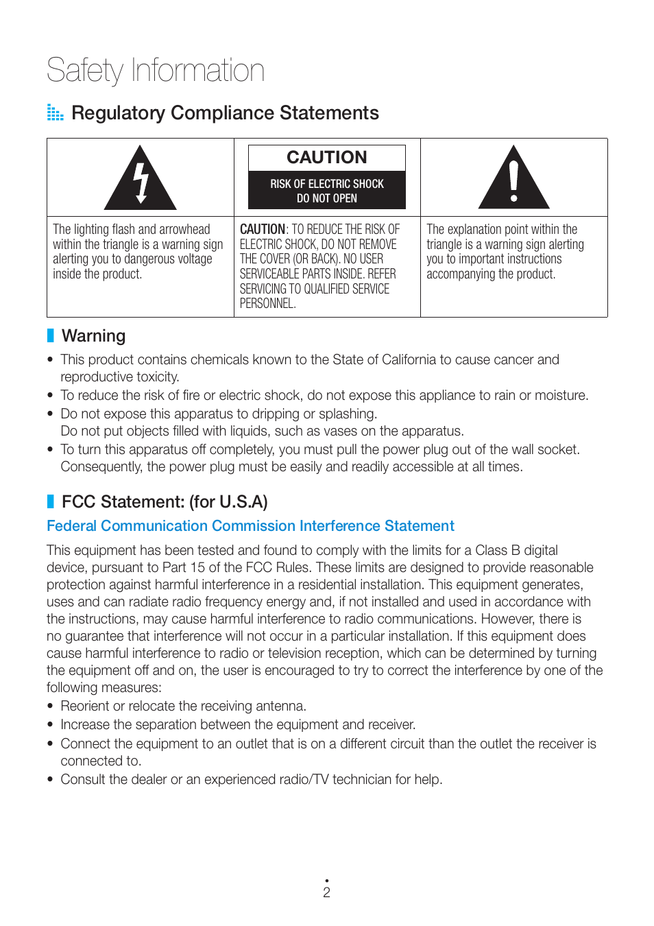 Safety information, Regulatory compliance statements, Warning | Fcc statement: (for u.s.a), A regulatory compliance statements | Samsung WAM751-ZA User Manual | Page 2 / 78