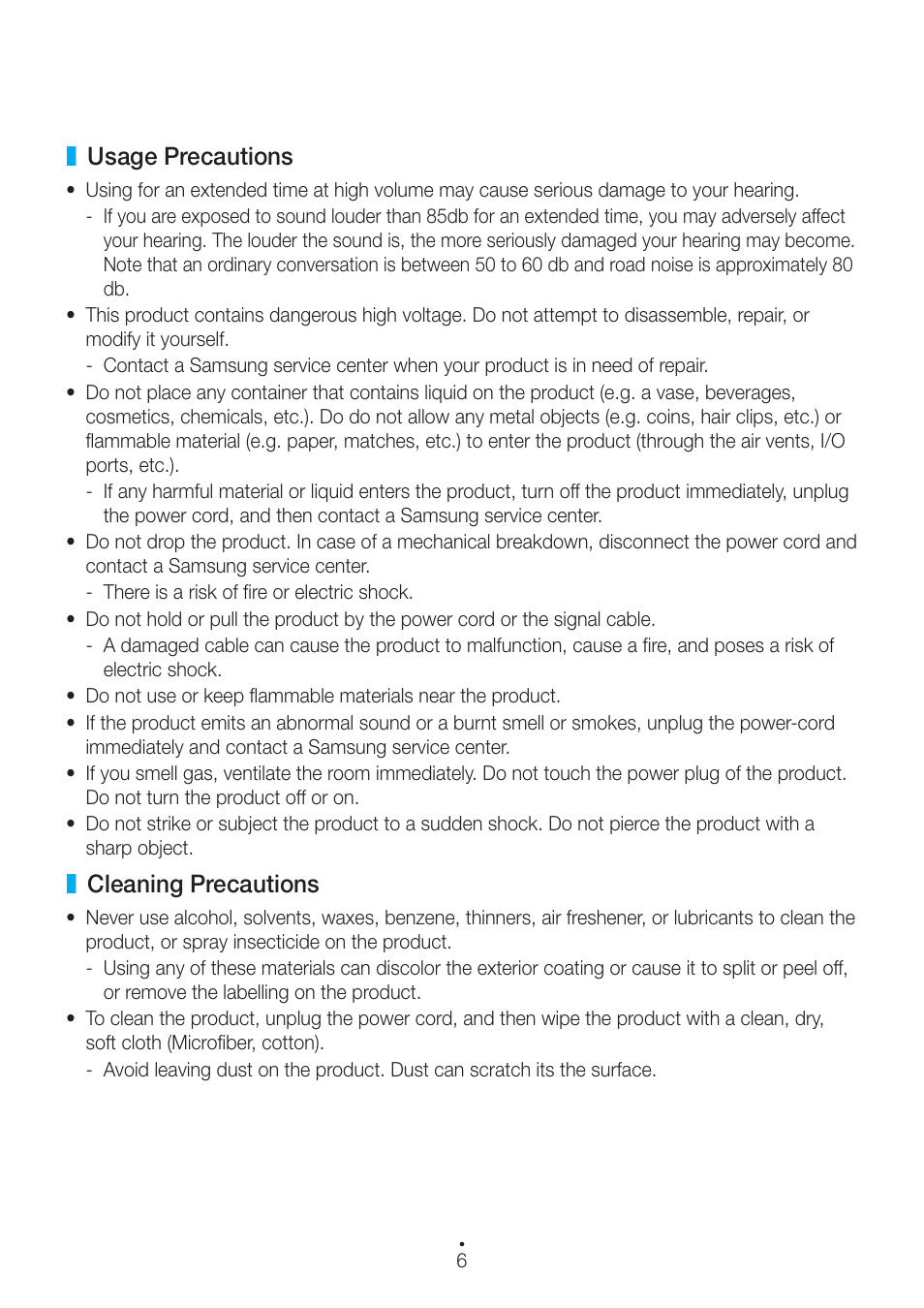 Usage precautions, Cleaning precautions | Samsung WAM751-ZA User Manual | Page 6 / 78