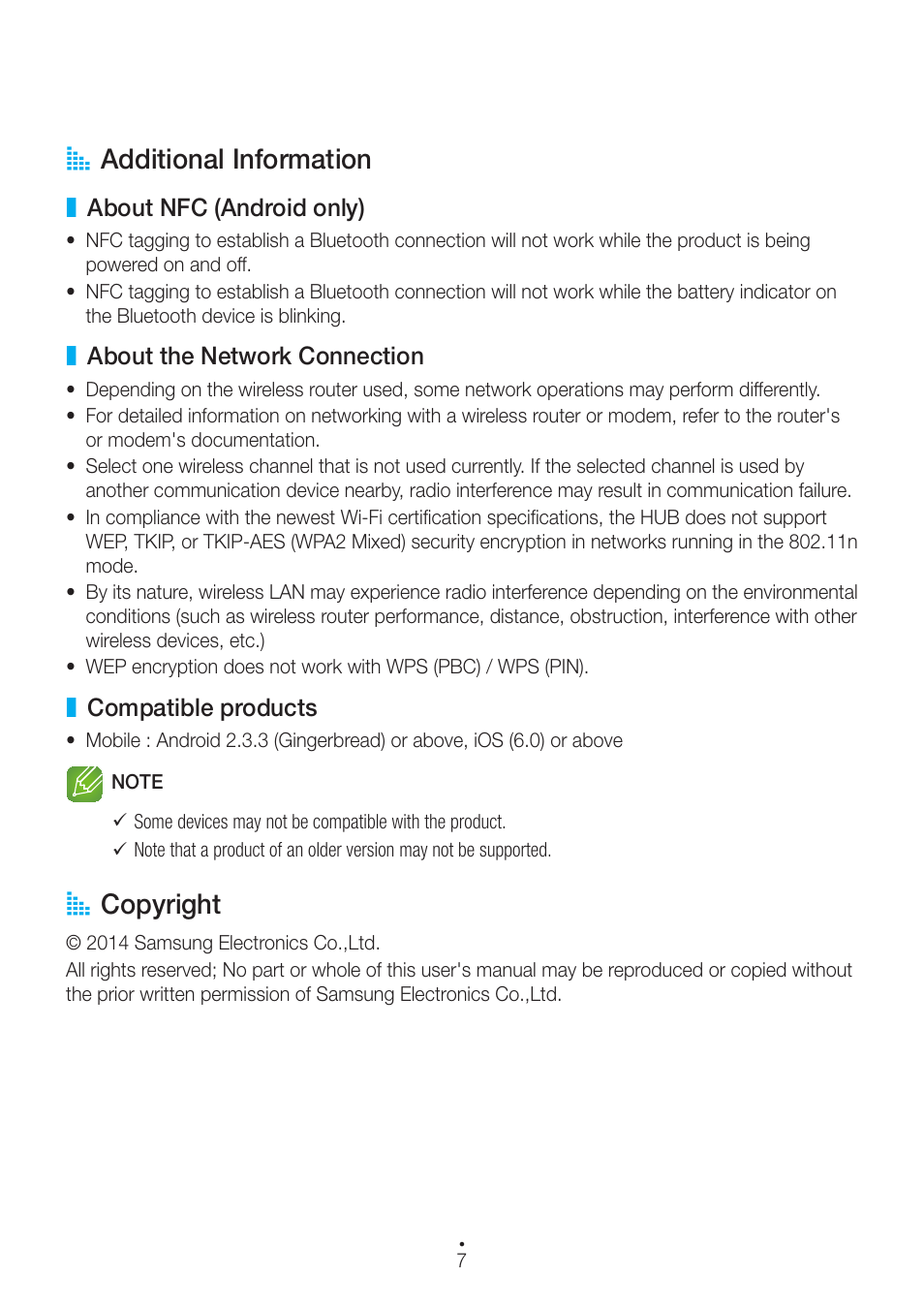Additional information, About nfc (android only), About the network connection | Compatible products, Copyright, A additional information, A copyright | Samsung WAM751-ZA User Manual | Page 7 / 78