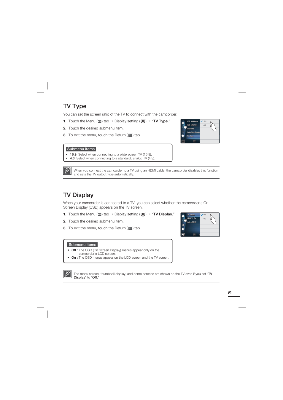 Tv type, Tv display | Samsung HMX-S15BN-XAA User Manual | Page 101 / 166