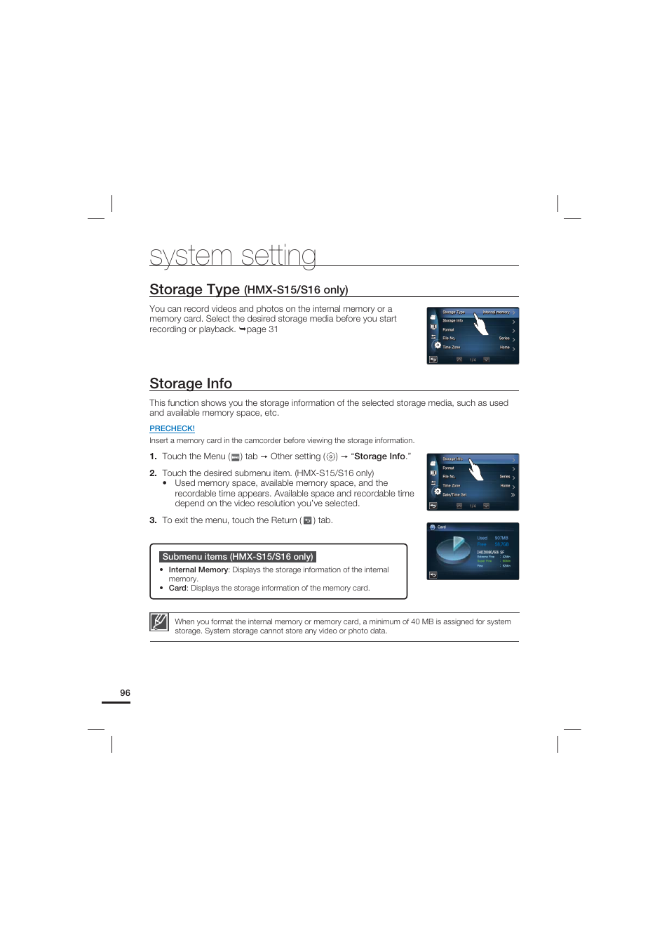 Storage type (hmx-s15/s16 only), Storage info, System setting | Storage type, Hmx-s15/s16 only) | Samsung HMX-S15BN-XAA User Manual | Page 106 / 166