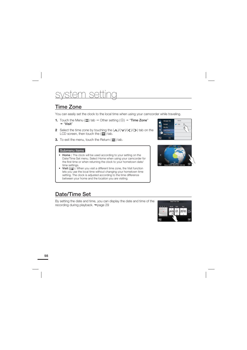 Time zone, Date/time set, System setting | Samsung HMX-S15BN-XAA User Manual | Page 108 / 166