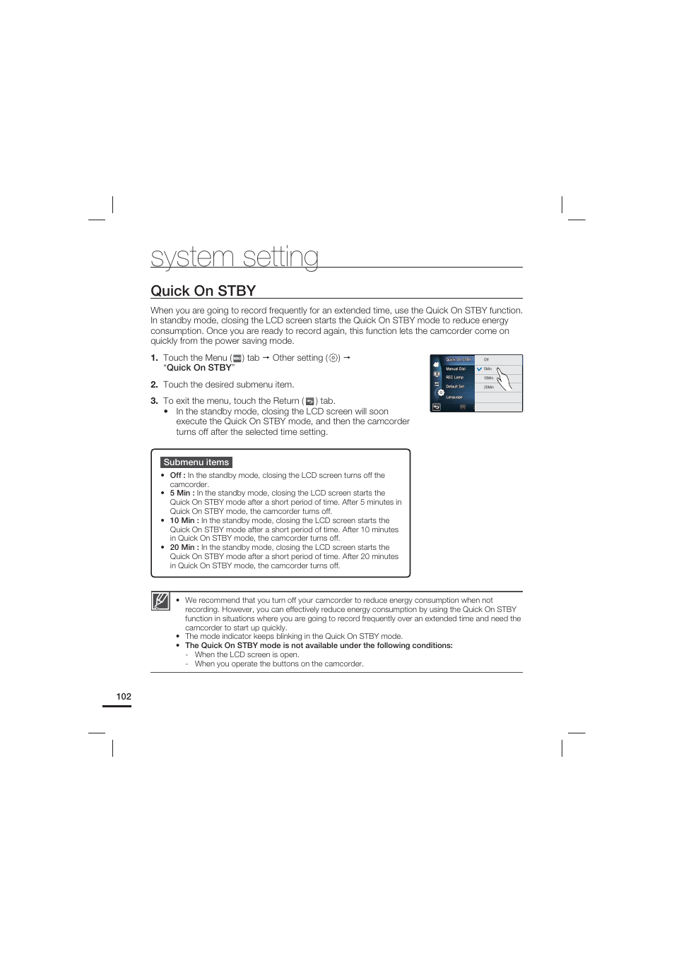 Quick on stby, System setting | Samsung HMX-S15BN-XAA User Manual | Page 112 / 166