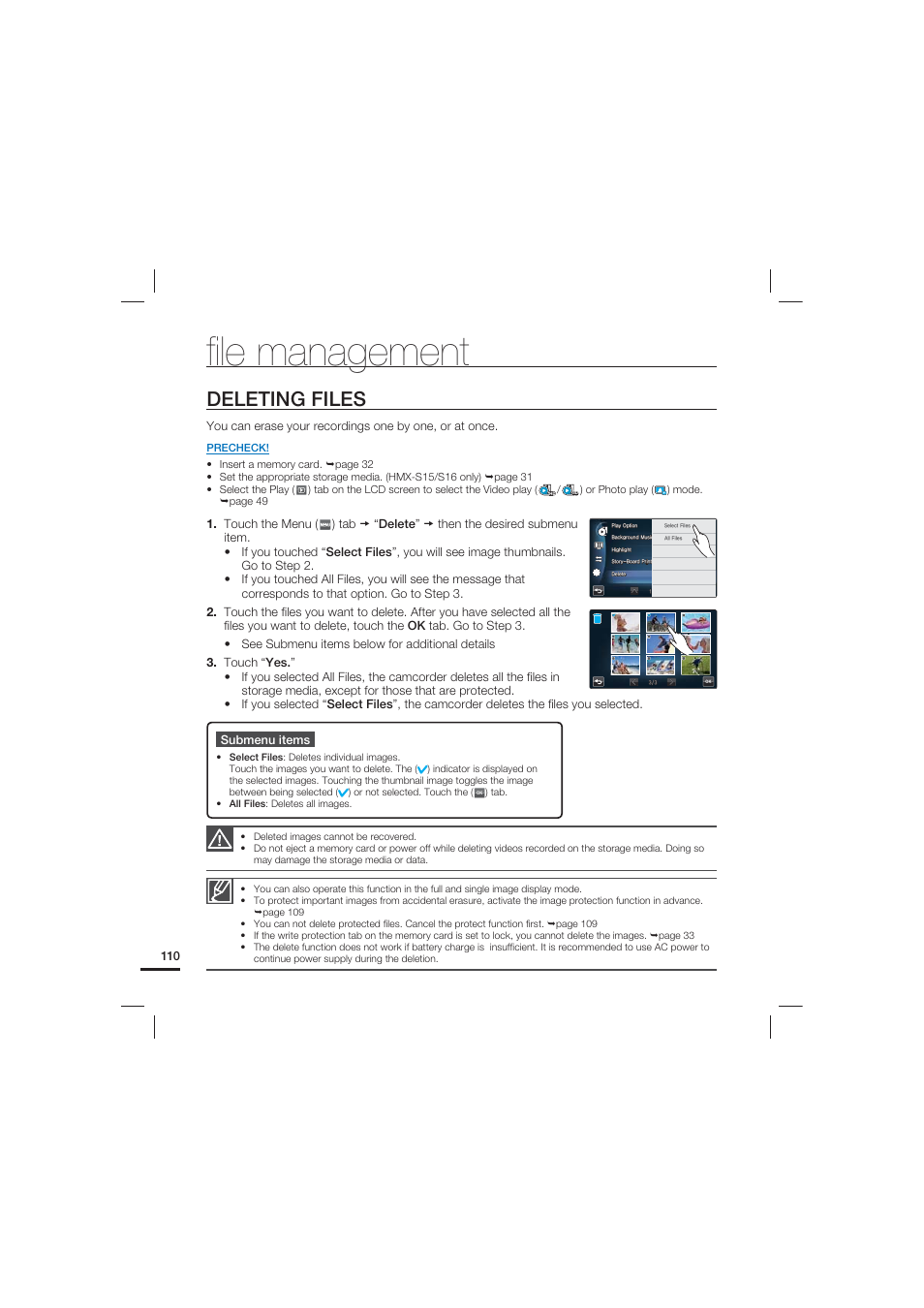 Deleting files, FIle management | Samsung HMX-S15BN-XAA User Manual | Page 120 / 166