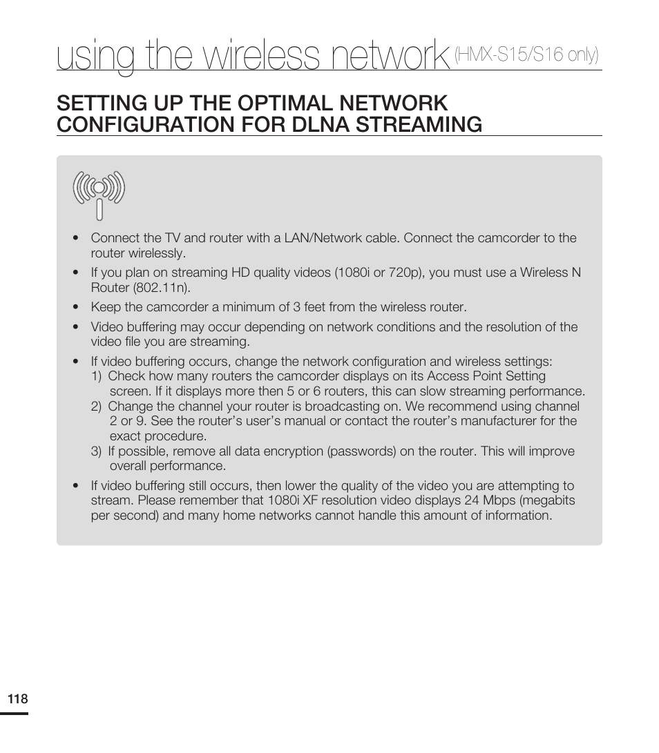 Using the wireless network, Hmx-s15/s16 only) | Samsung HMX-S15BN-XAA User Manual | Page 128 / 166