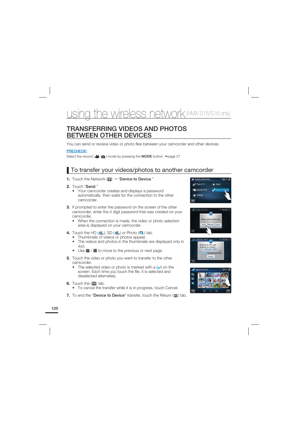 Transferring videos and photos, Between other devices, Using the wireless network | Hmx-s15/s16 only) | Samsung HMX-S15BN-XAA User Manual | Page 130 / 166