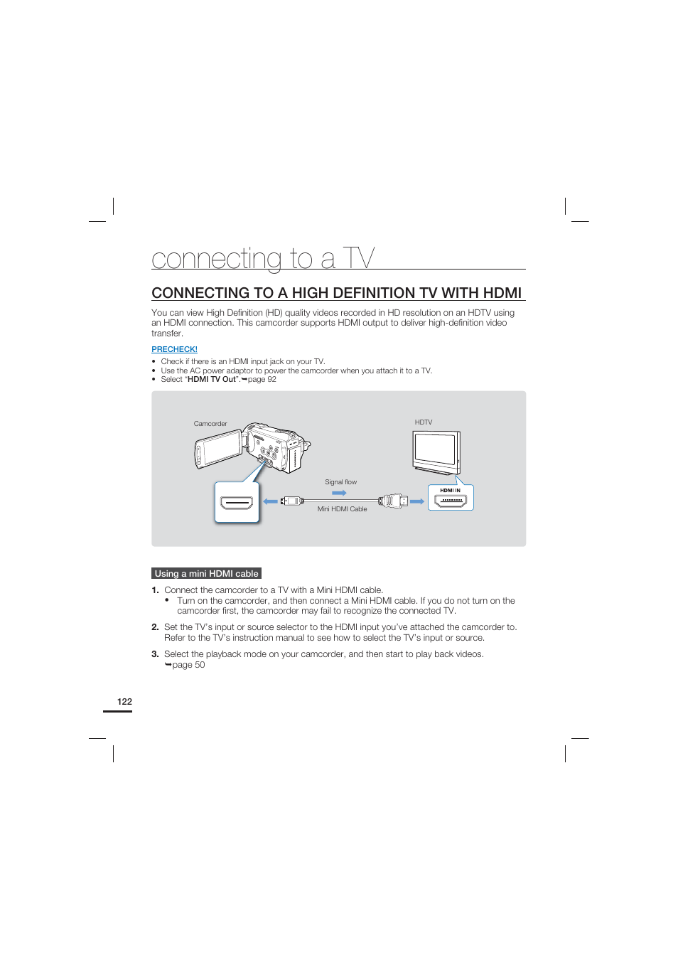 Connecting to a tv, Connecting to a high definition tv with hdmi | Samsung HMX-S15BN-XAA User Manual | Page 132 / 166