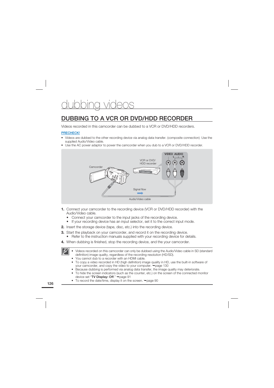 Dubbing videos, Dubbing to a vcr or dvd/hdd recorder | Samsung HMX-S15BN-XAA User Manual | Page 136 / 166