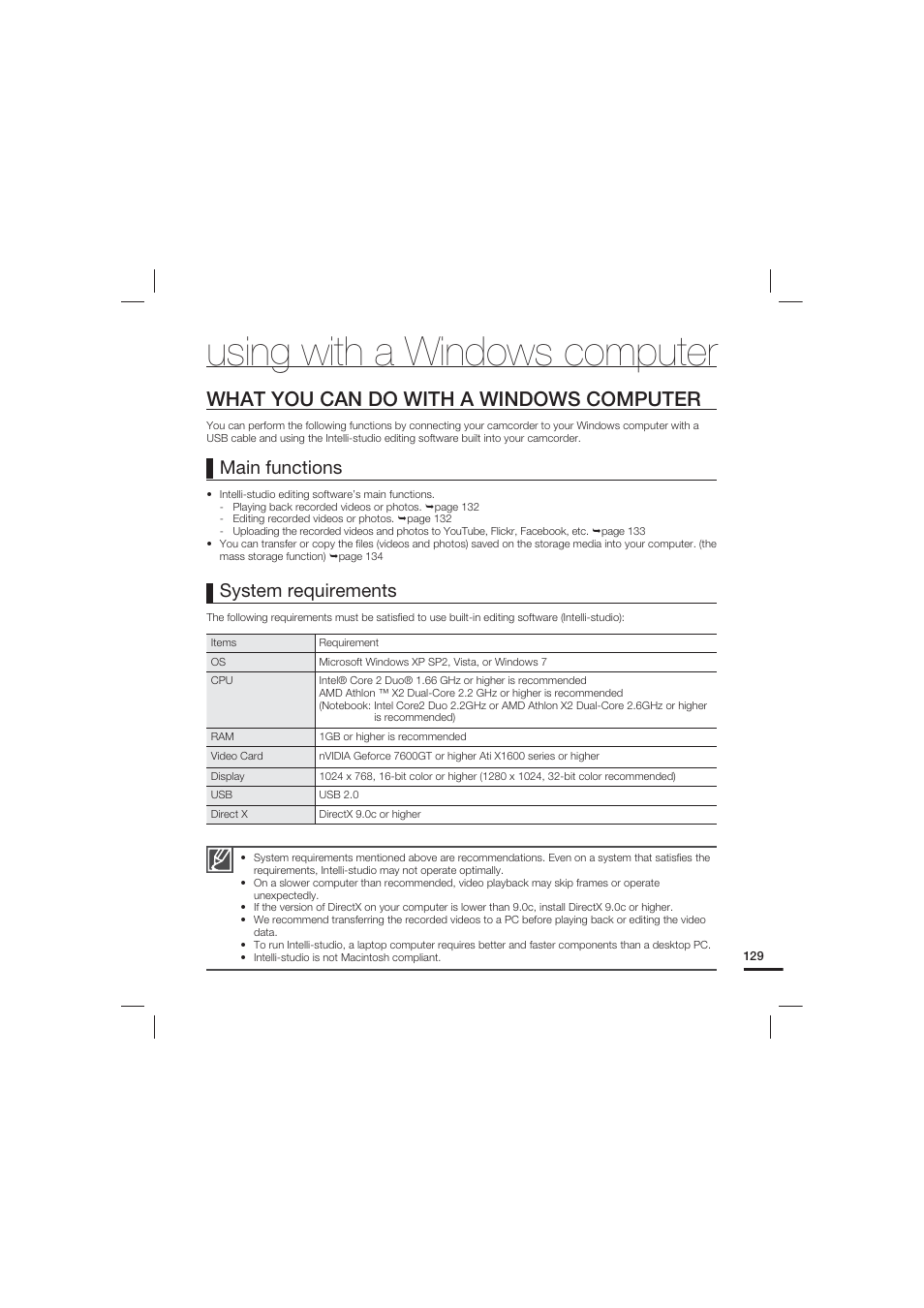 Using with a windows computer, What you can do with a windows computer, System requirements | Main functions | Samsung HMX-S15BN-XAA User Manual | Page 139 / 166