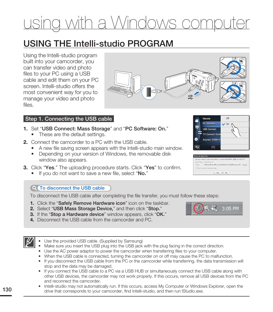 Using the intelli-studio program, Using with a windows computer | Samsung HMX-S15BN-XAA User Manual | Page 140 / 166