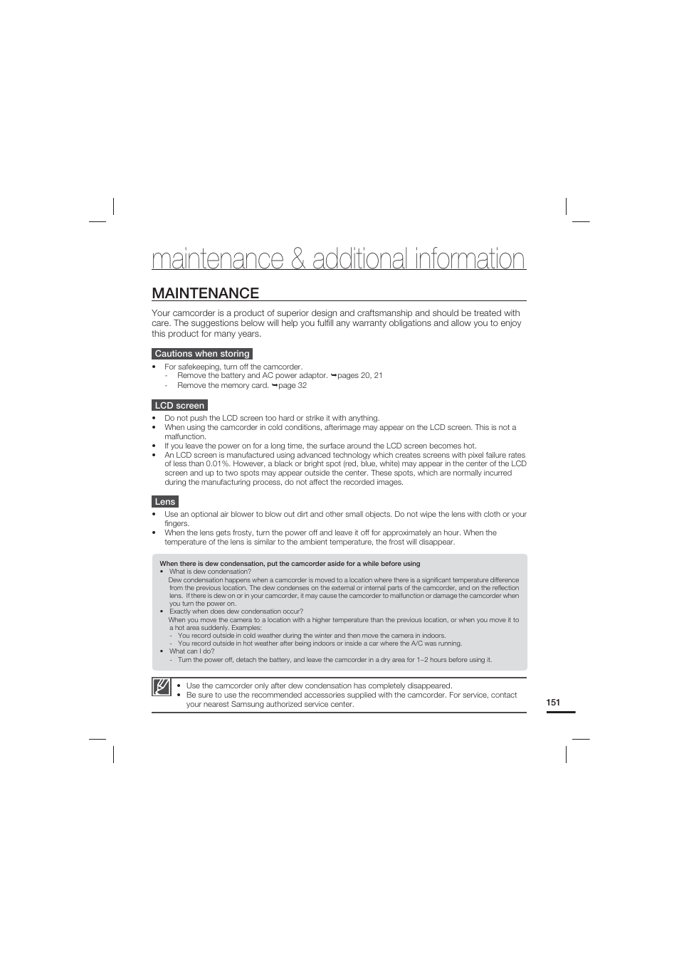 Maintenance & additional information, Maintenance | Samsung HMX-S15BN-XAA User Manual | Page 161 / 166