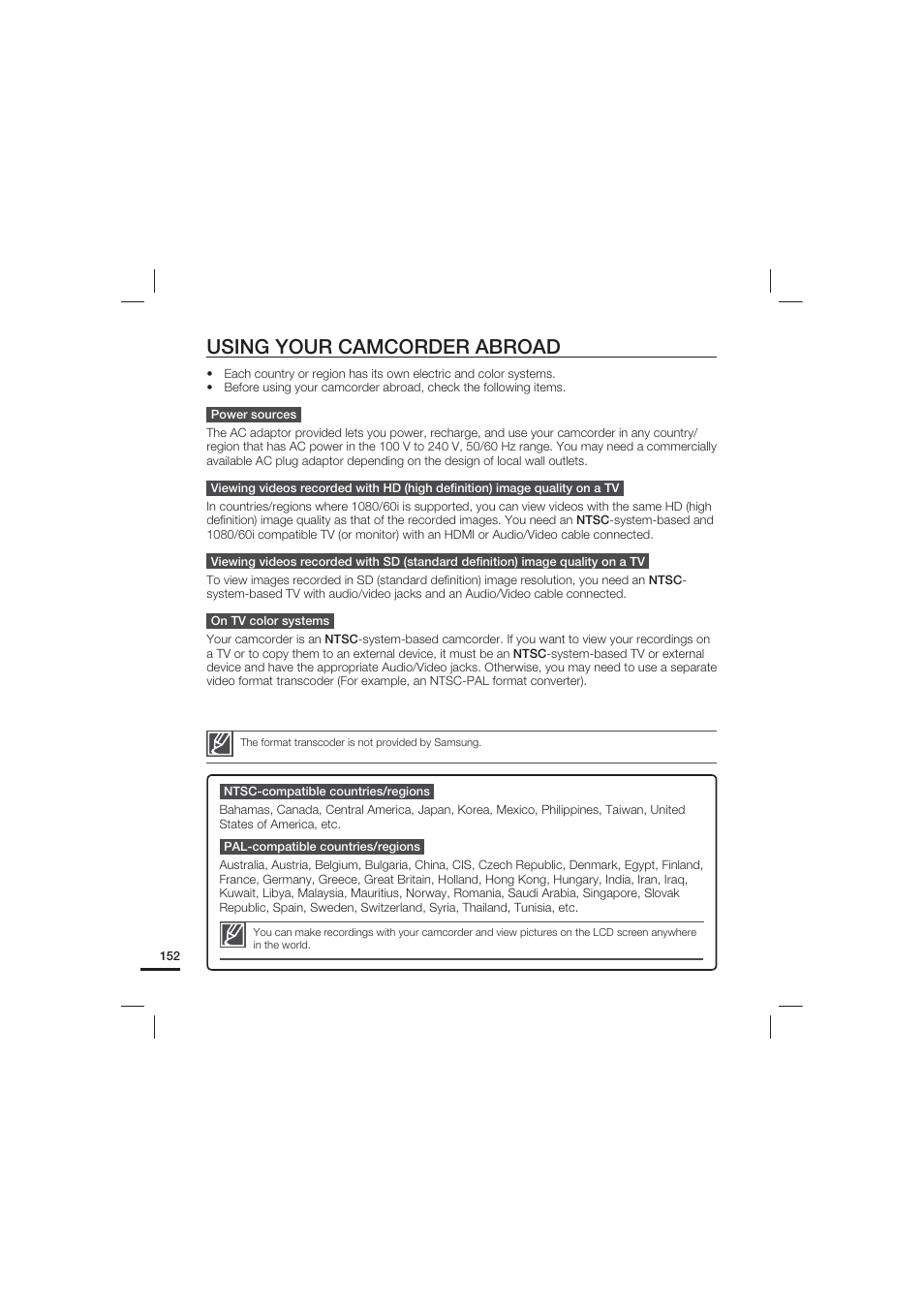 Using your camcorder abroad | Samsung HMX-S15BN-XAA User Manual | Page 162 / 166