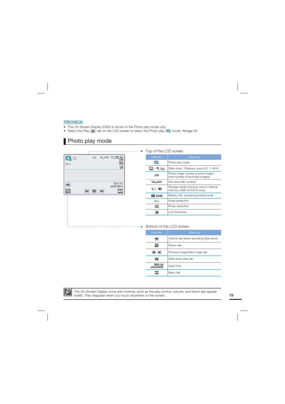 Photo play mode, Top of the lcd screen, Bottom of the lcd screen | Samsung HMX-S15BN-XAA User Manual | Page 29 / 166