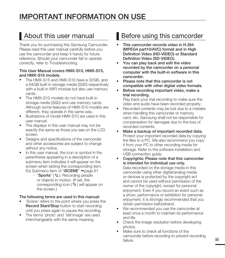 Important information on use, Before using this camcorder about this user manual | Samsung HMX-S15BN-XAA User Manual | Page 3 / 166