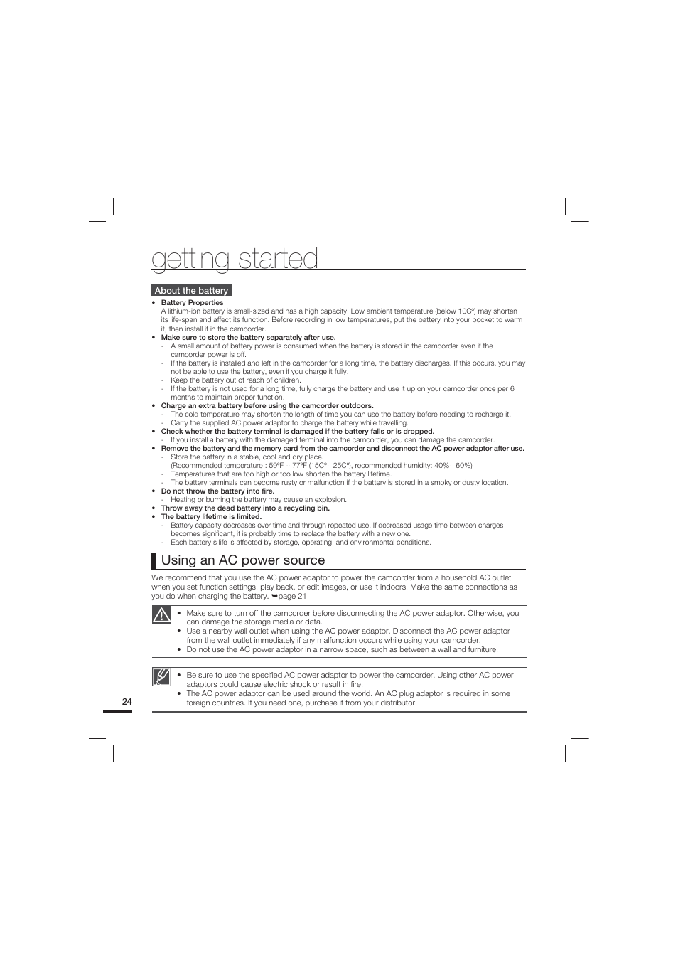 Getting started, Using an ac power source | Samsung HMX-S15BN-XAA User Manual | Page 34 / 166