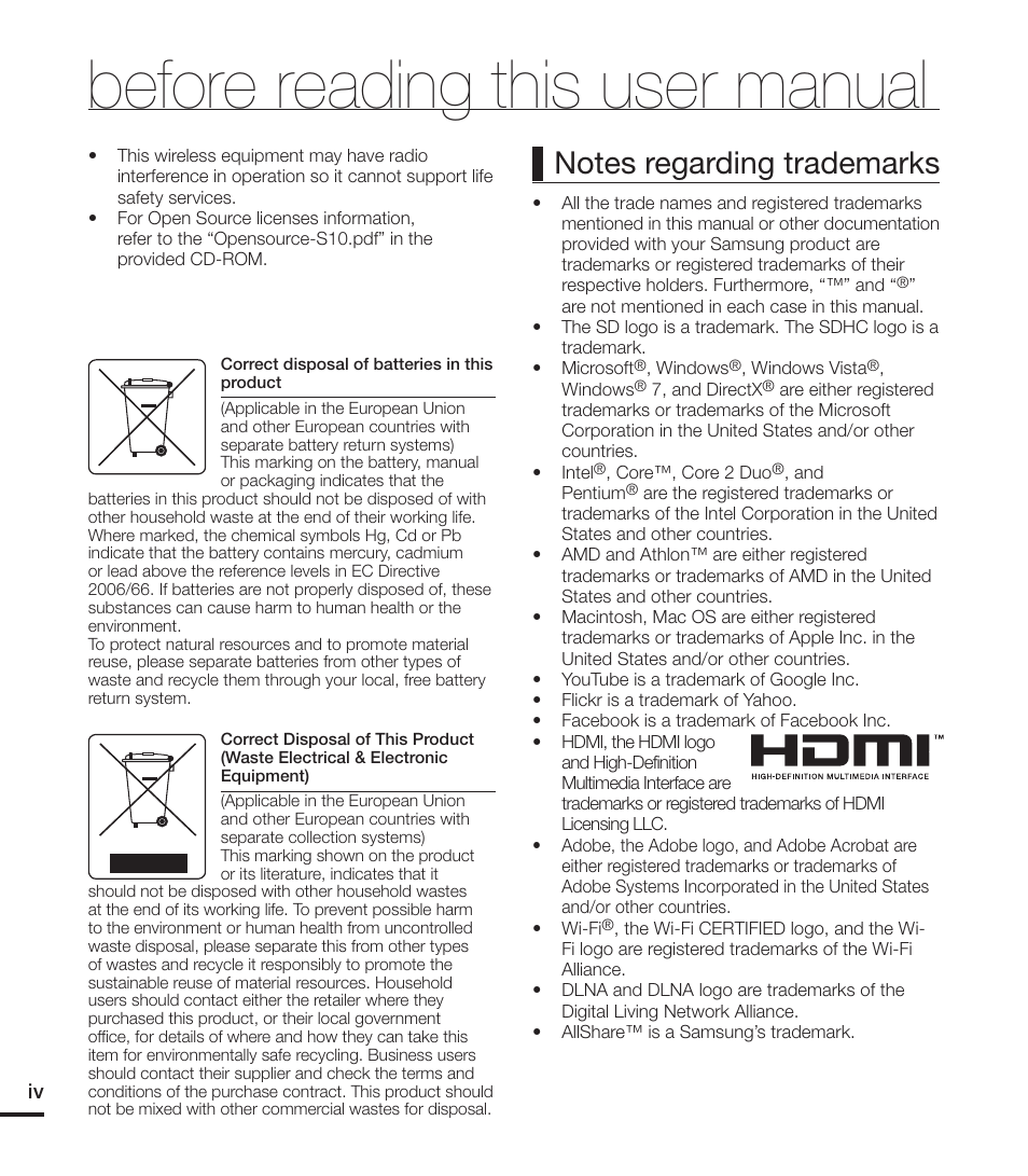 Before reading this user manual | Samsung HMX-S15BN-XAA User Manual | Page 4 / 166