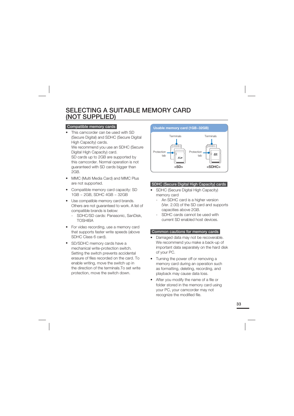 Selecting a suitable memory card (not supplied) | Samsung HMX-S15BN-XAA User Manual | Page 43 / 166