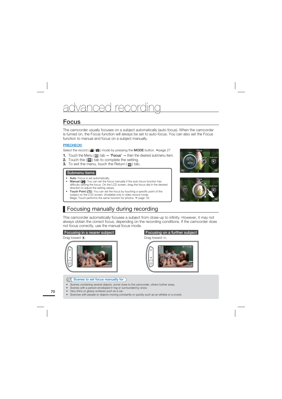 Focus, Advanced recording, Focusing manually during recording | Samsung HMX-S15BN-XAA User Manual | Page 80 / 166