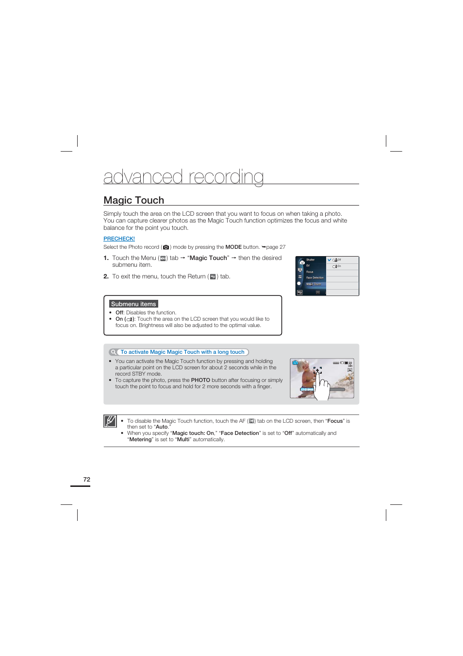 Magic touch, Advanced recording, Submenu items | Samsung HMX-S15BN-XAA User Manual | Page 82 / 166