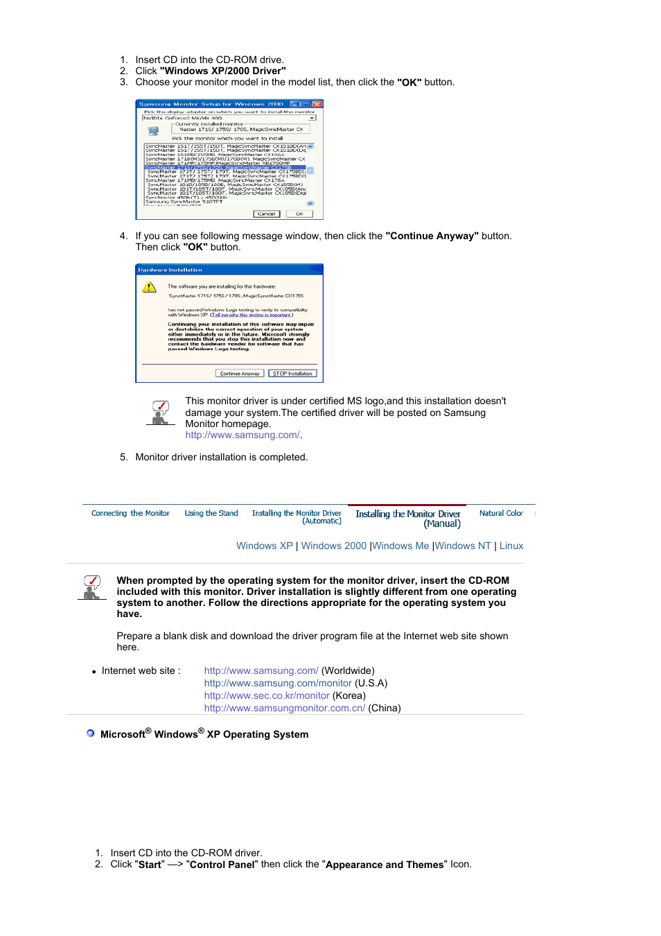 Installing the monitor driver(manual) | Samsung MJ17MSTBV User Manual | Page 31 / 96