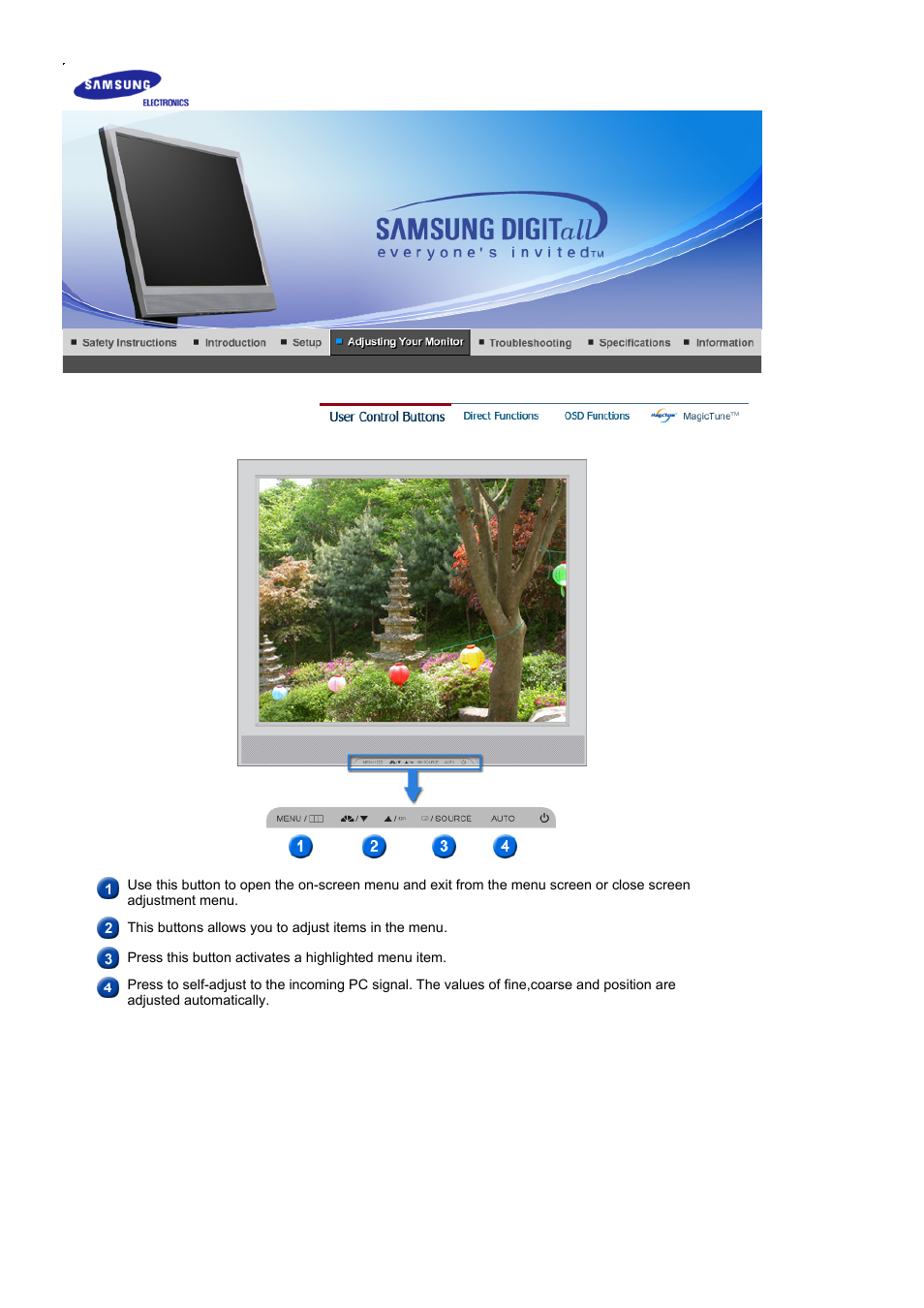Adjusting your monitor, User control buttons | Samsung MJ17MSTBV User Manual | Page 37 / 96