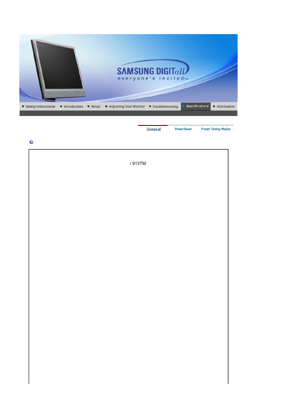 Syncmaster 910tm / 913tm, General | Samsung MJ17MSTBV User Manual | Page 82 / 96