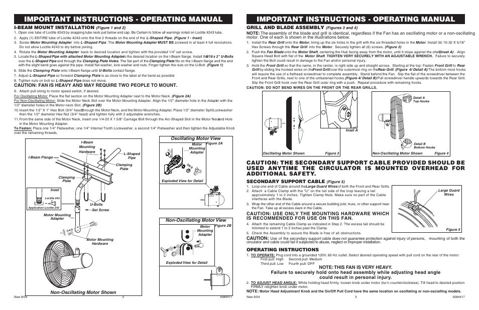 Important instructions - operating manual, Grill and blade assembly, I-beam mount installation | Operating instructions, Secondary support cable, Caution, Oscillating motor view, Non-oscillating motor view, Non-oscillating motor shown | Air King 9670 User Manual | Page 2 / 2