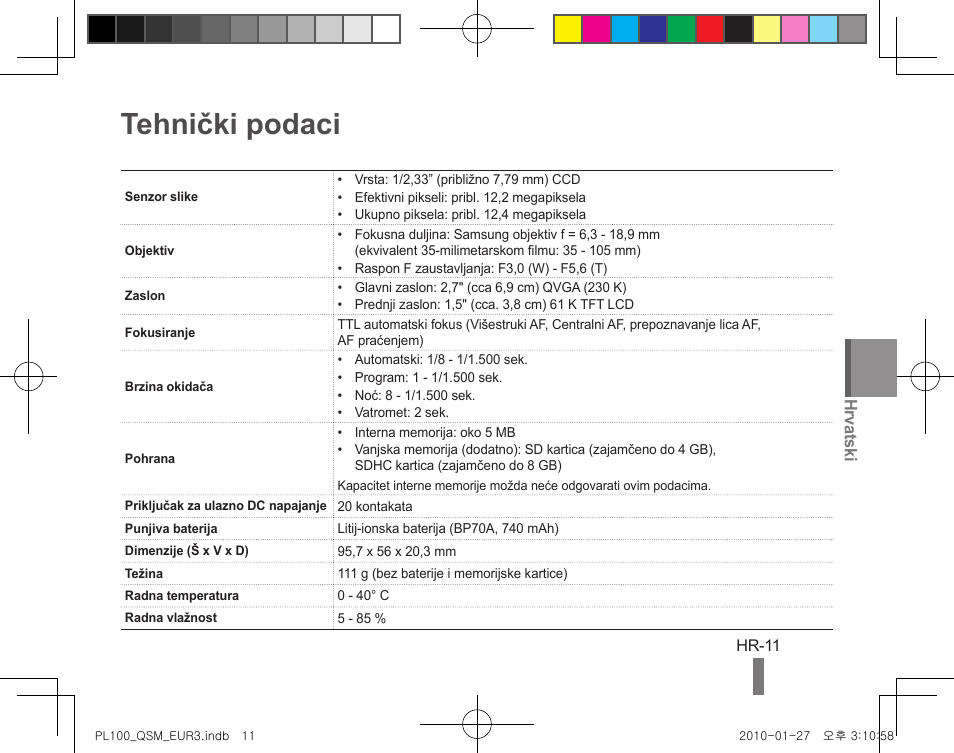 Tehnički podaci, Hrvatskі | Samsung EC-PL100ZBPBPY User Manual | Page 141 / 144