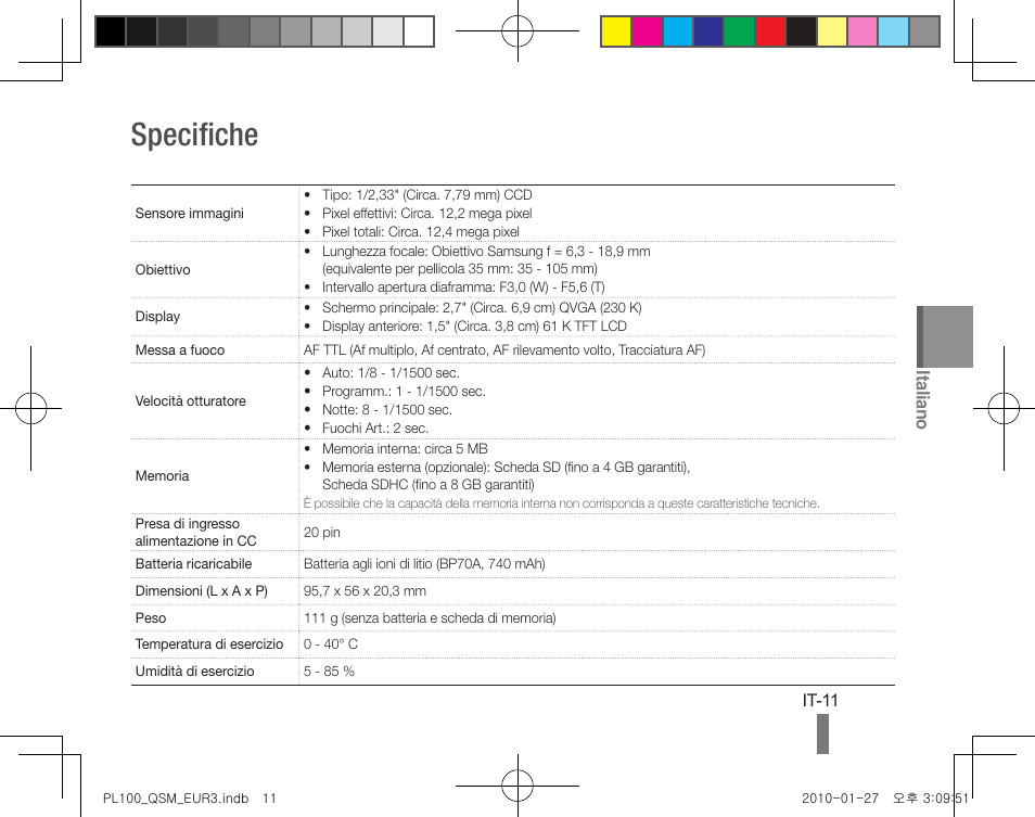 Specifiche, Italiano | Samsung EC-PL100ZBPBPY User Manual | Page 41 / 144