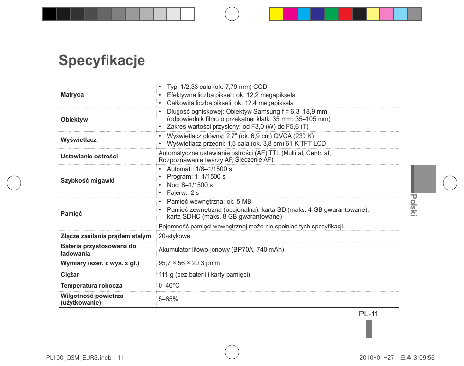 Specyfikacje, Polski | Samsung EC-PL100ZBPBPY User Manual | Page 51 / 144