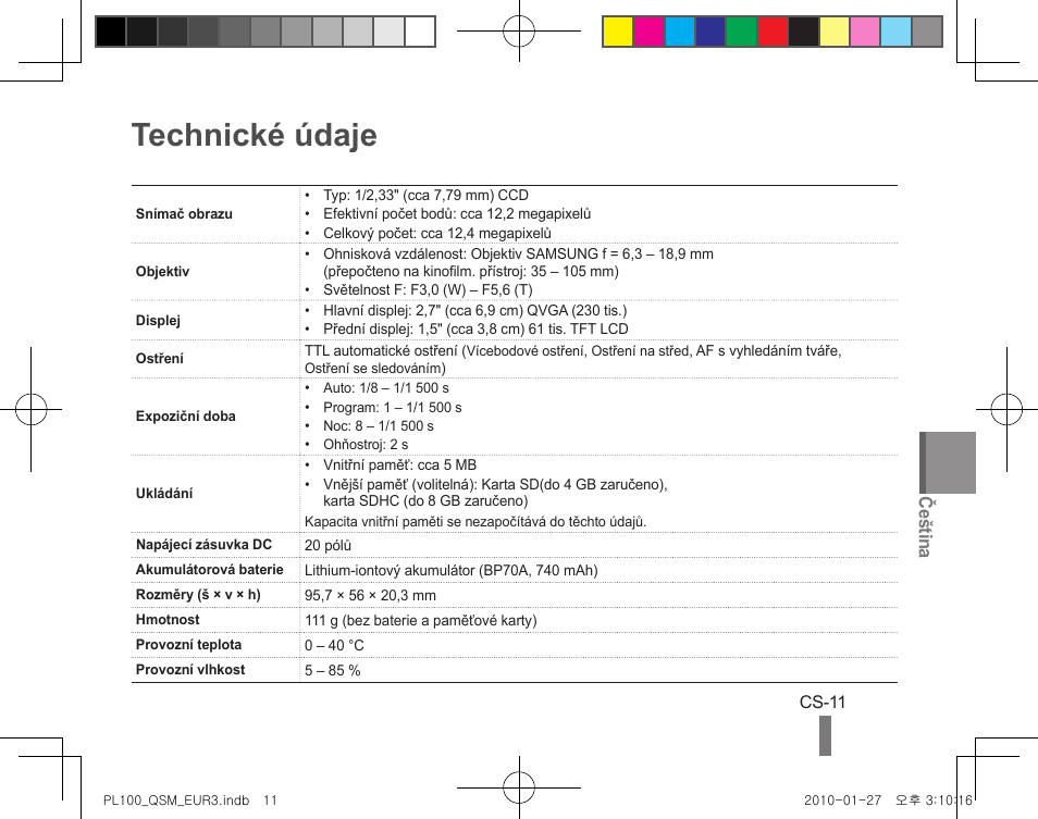 Technické údaje, Čeština | Samsung EC-PL100ZBPBPY User Manual | Page 61 / 144