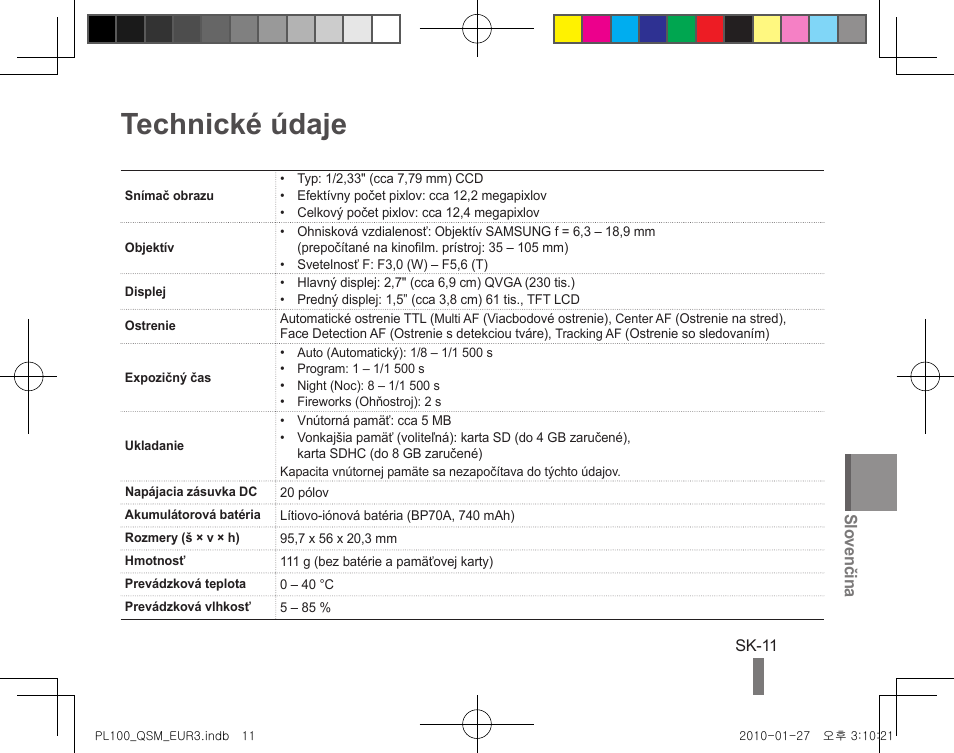 Technické údaje, Slovenčina | Samsung EC-PL100ZBPBPY User Manual | Page 71 / 144